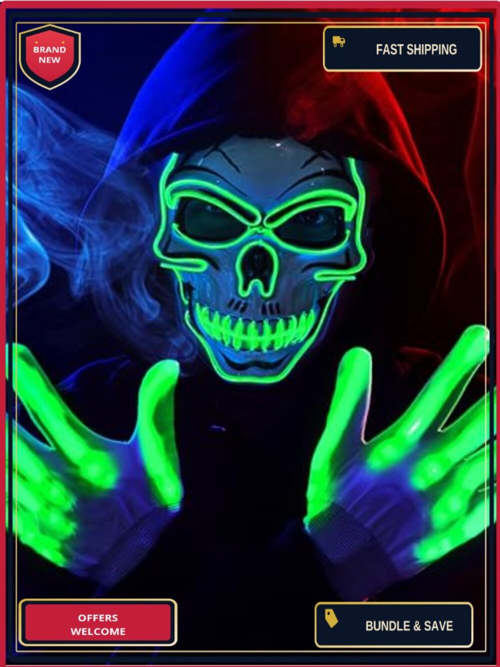 LED Skull Mask Light Up Gloves 3 Modes Skeleton Cosplay Halloween Costume
